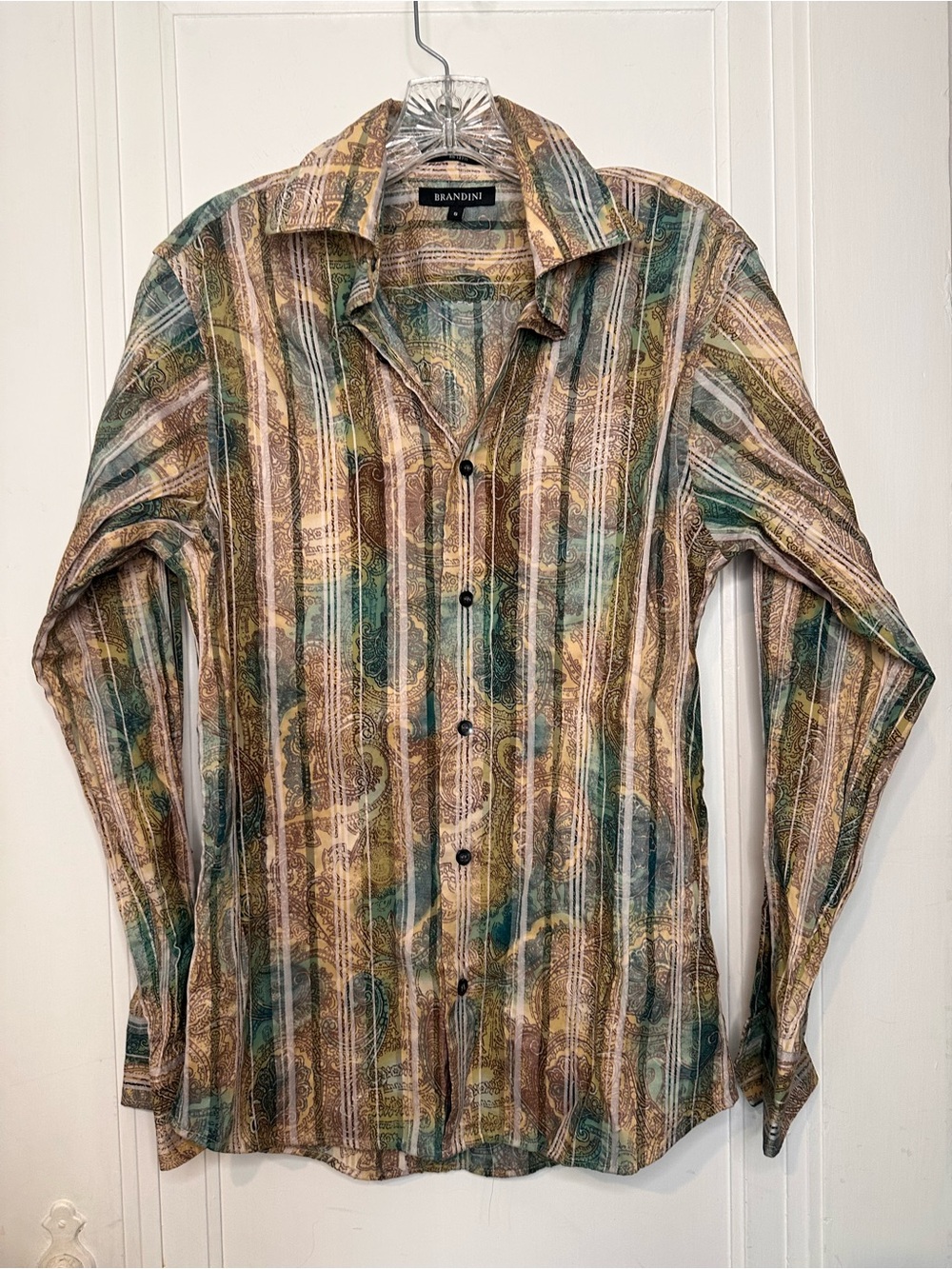 Vintage Brandini Multicolor Striped Paisley Button-Up Shirt - Green & Brown